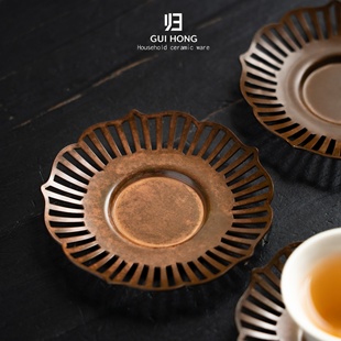归鸿纯黄铜花瓣杯垫中式禅意茶杯托家用复古防烫隔热垫茶盏托茶碟