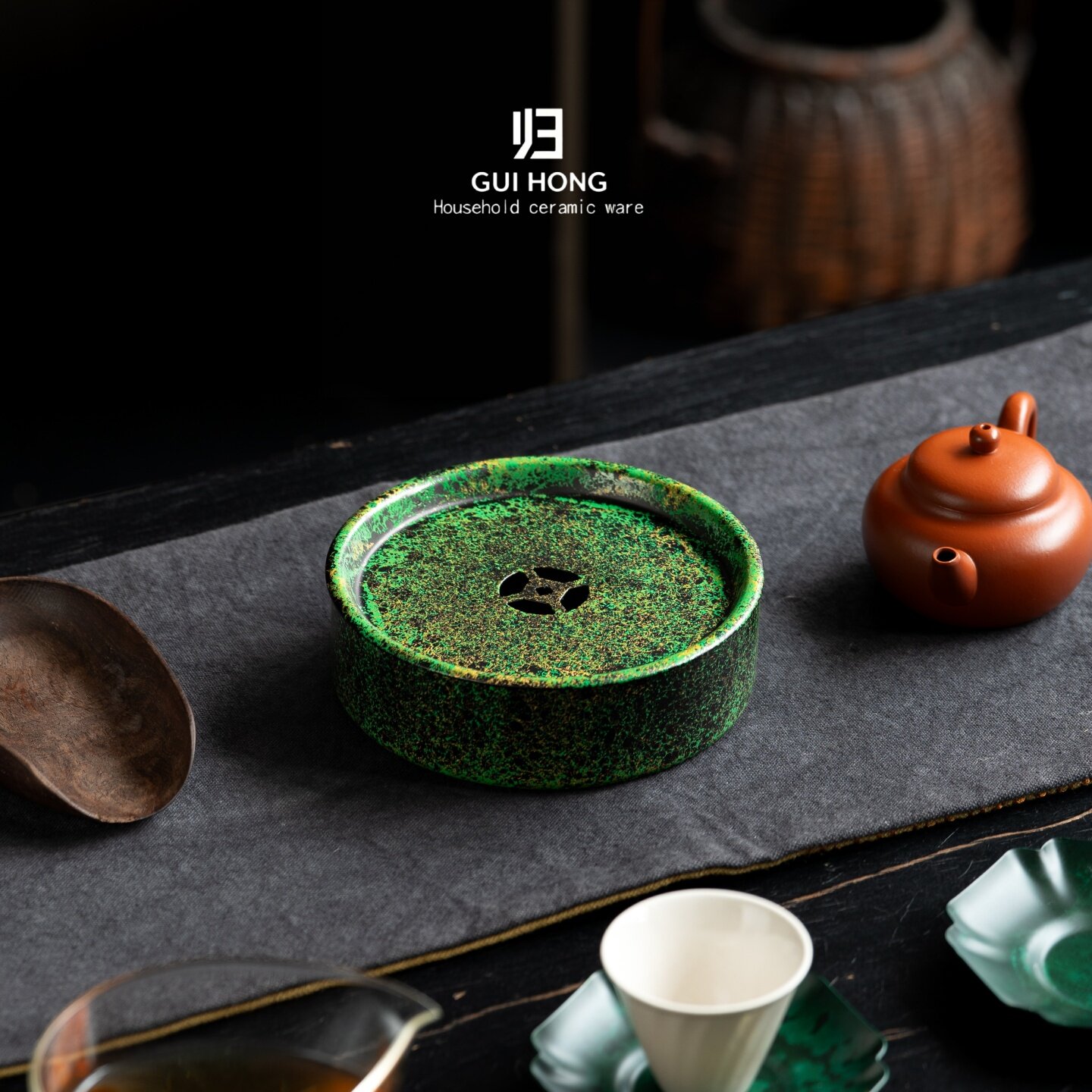 归鸿古钱纹绿金漆器壶承储水式合金干泡台家用功夫茶承茶具配件