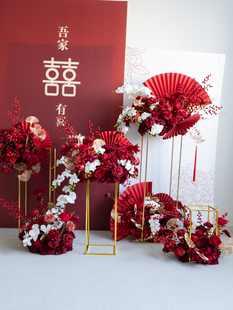 中式红色立柱折扇花球花艺 彷真花假花迎宾背景喜宴订婚宴装饰花