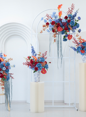 新中式蓝色系花艺仿真花订婚仪式喜庆场景装饰交车仪式布置假花