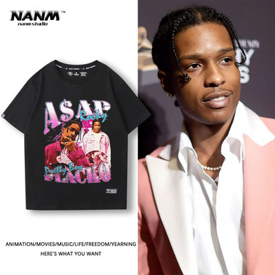 Asap Mob Asap Rocky HiphopVintage短袖男欧美嘻哈说唱宽松半t恤