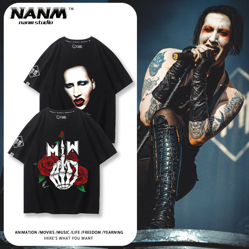 玛丽莲曼森marilyn manson乐队短袖男女夏季宽松复古欧美摇滚t恤