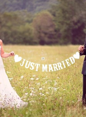 Just Married White Banner Rustic Garland Wedding Table