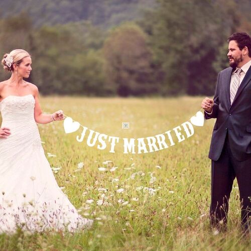 Just Married White Banner Rustic Garland Wedding Table