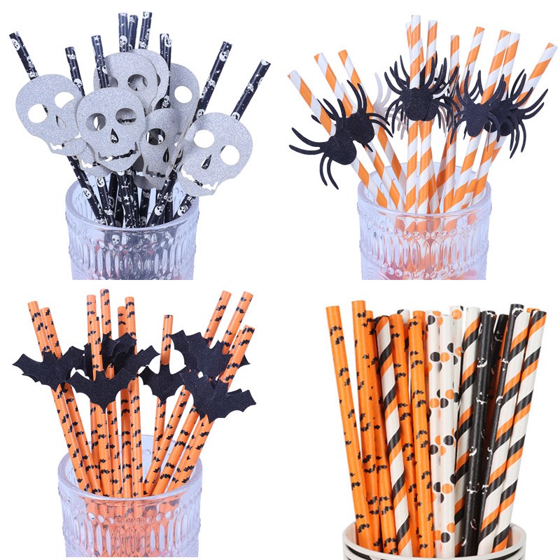25pcs Halloween Paper Straws Pumpkin Ghost Bat stripe Patn
