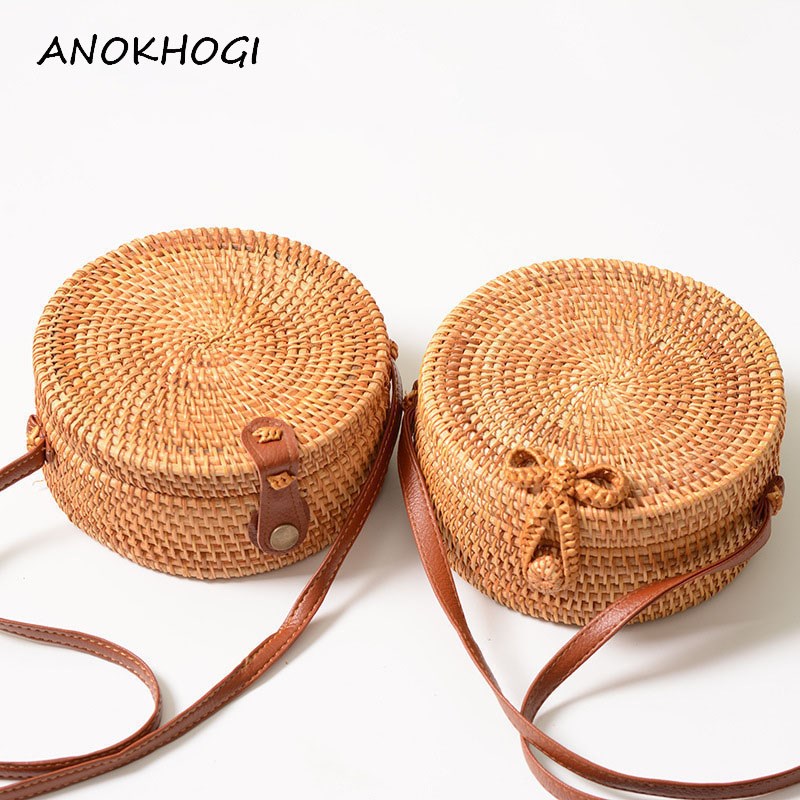 Vintage Handmade Women Rattan Bag Woven Bow Shoulder Bags Be