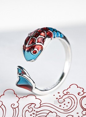 Good luck Koi S925 sterling silver ring enamel cloisonne ope