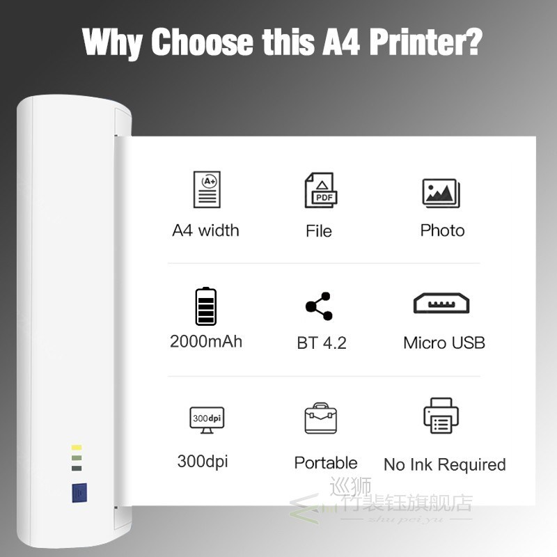 A4 Portable Thermal Printer 210mm Mini Photo Printer 300dpi