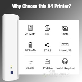 A4 Portable Thermal Printer 210mm Mini Photo Printer 300dpi