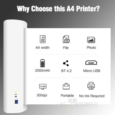 A4 Portable Thermal Printer 210mm Mini Photo Printer 300dpi