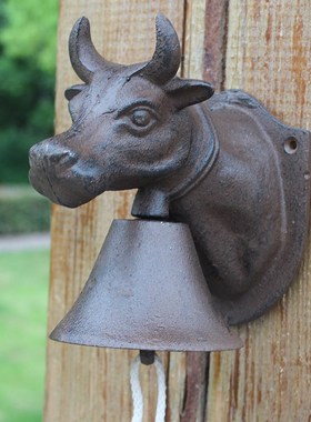 Vintage Bull Head Cast Iron Hand Cranking Wall Bell Europea