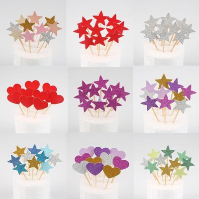 10pcs Mini Heart Star Cupcake Toppers Birthday Cake Topper