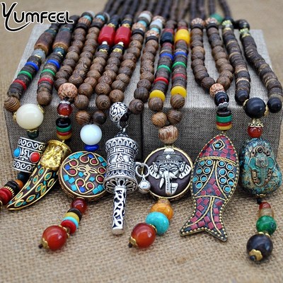 Yumfeel Handmade Nepal Necklace Buddhist Mala Wood Beads Pen