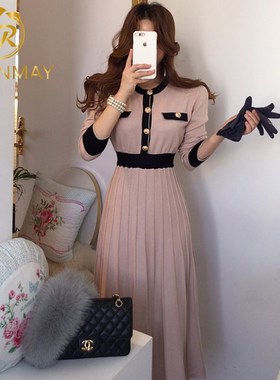 2020 Autumn Korean Knitted Women Long Pleated Dress Women L