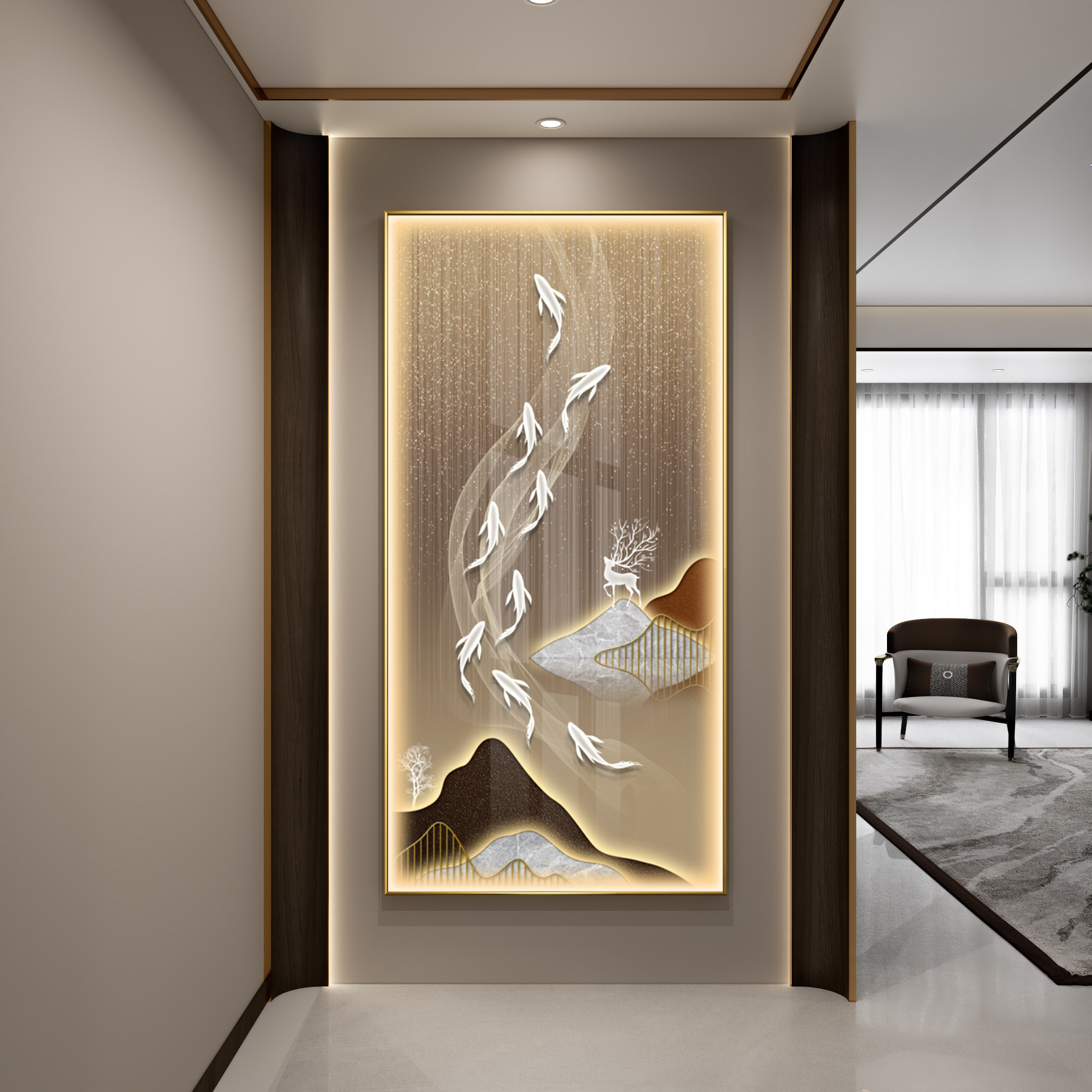 九鱼图玄关装饰画现代简约竖版抽象入户走廊过道挂画轻奢高级壁画
