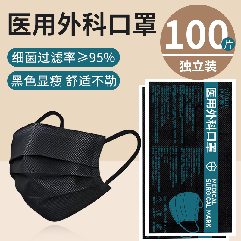 黑色医用外科口罩一次性医疗三层明星同款薄款透气正品官方旗舰店-封面