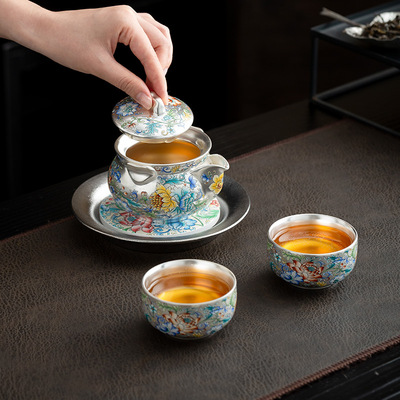新中式鎏银百花争艳茶具套装一壶二杯旅行茶具快客杯便携式壶承