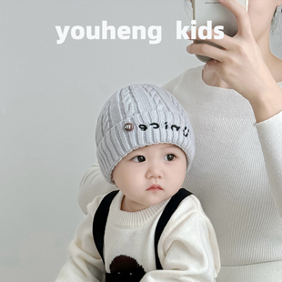 秋冬婴儿帽子字母刺绣韩版双层纯棉内里毛线帽潮童宝宝针织瓜皮帽