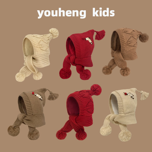 儿童帽子秋冬款百搭围巾帽一体中大童韩版毛线护耳帽防风保暖冬季