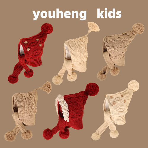 韩版儿童帽子围巾一体加厚保暖针织帽冬季可爱卡通护耳百搭套头帽