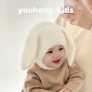 婴儿护耳帽可爱超萌兔耳朵毛绒保暖帽子婴幼儿宝宝冬天户外套头帽