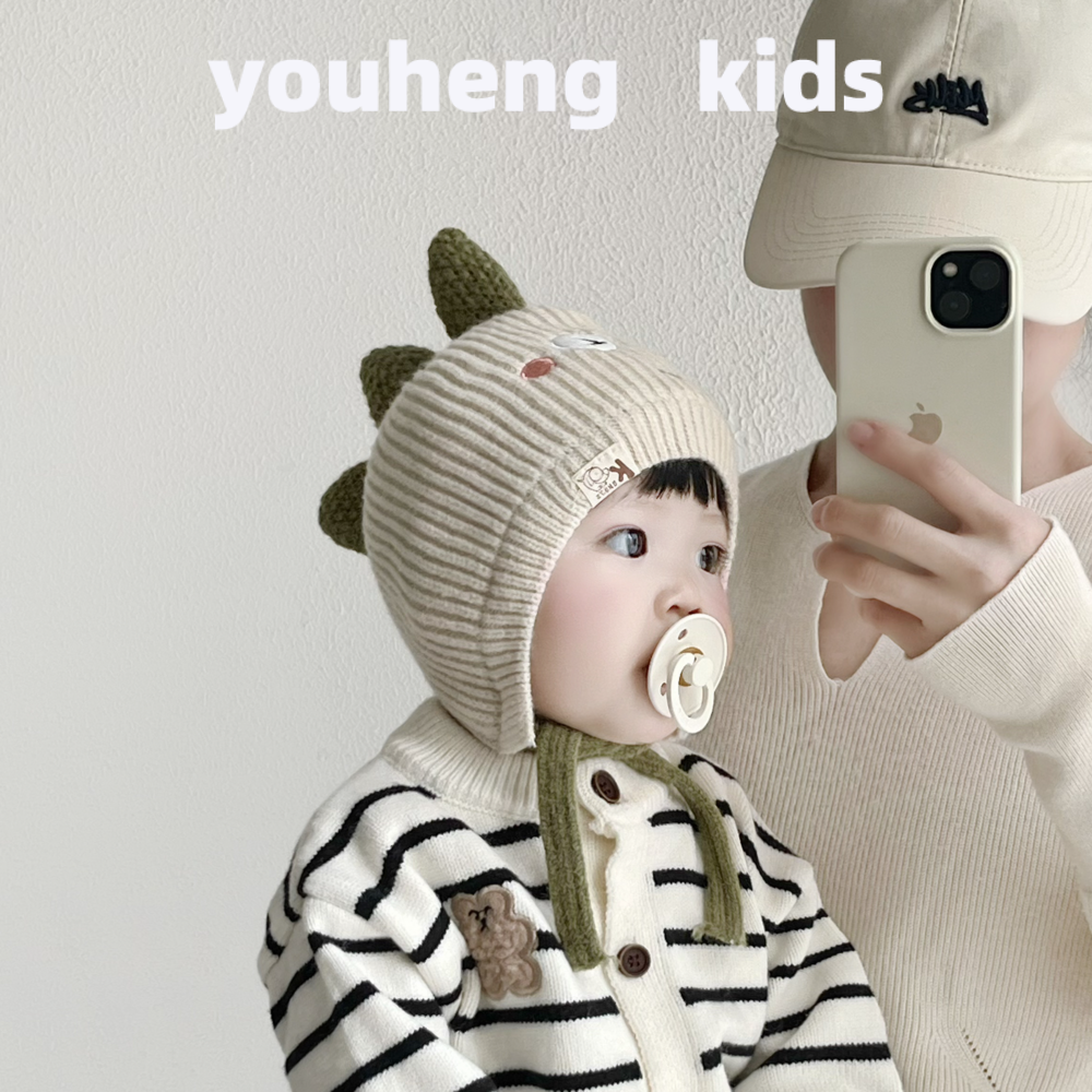 秋冬季宝宝护耳针织套头帽加厚保暖毛线帽可爱恐龙婴儿男女童帽子