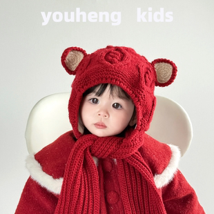 冬季儿童帽子围巾一体针织护耳帽男女宝宝加绒圣诞红色保暖围巾帽