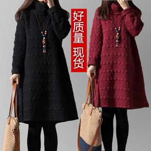 跨境日系乐天春秋韩版大码宽松女装高领夹棉加厚打底长袖连衣裙