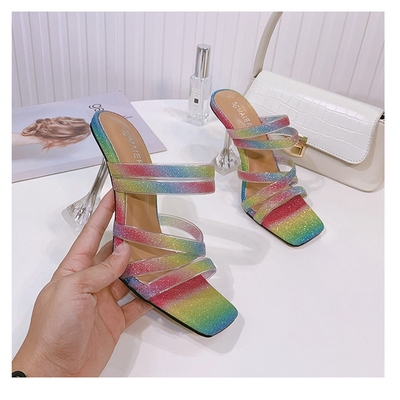 Lazada Women Sandals 外贸时尚设计感水钻露趾高跟镂空凉拖鞋女