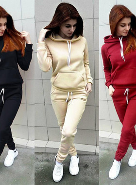 9343*2019秋冬新款速卖通女装亚马逊欧美抓绒长袖带帽运动套装女