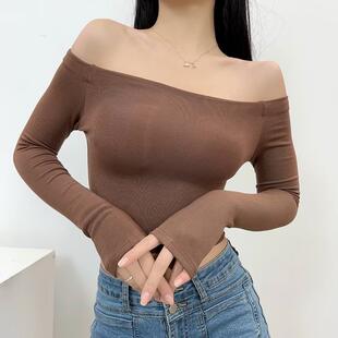 性感漏锁骨一字长袖T恤女短款春秋修身显瘦露脐加绒上衣打底衫潮