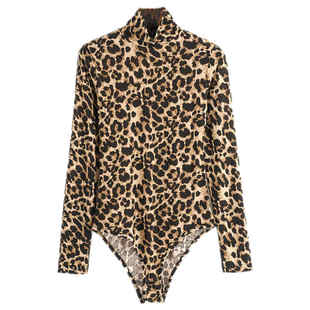 欧美风春秋新款小高领豹纹连体上衣女紧身显瘦弹力打底衫长袖T恤