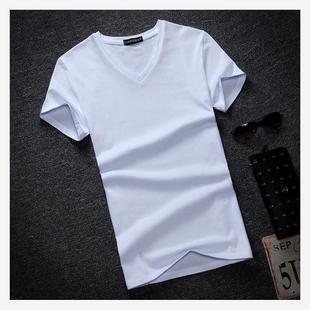summer Men V-neck T-shirts white tee cotton 大码短袖T体恤男