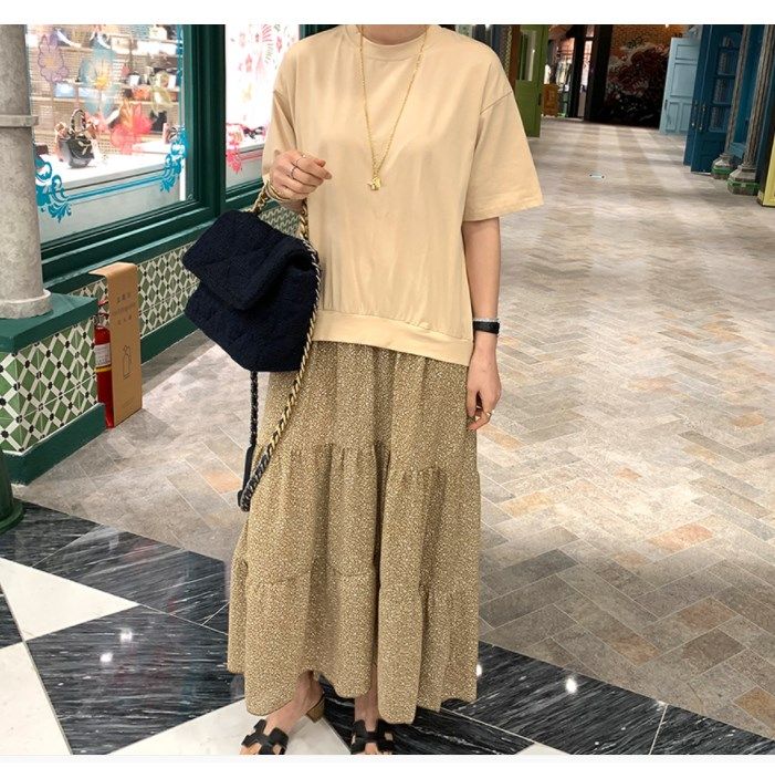 欧洲站大码女装针织短袖圆领T恤拼接碎花大摆连衣裙长裙DRESS