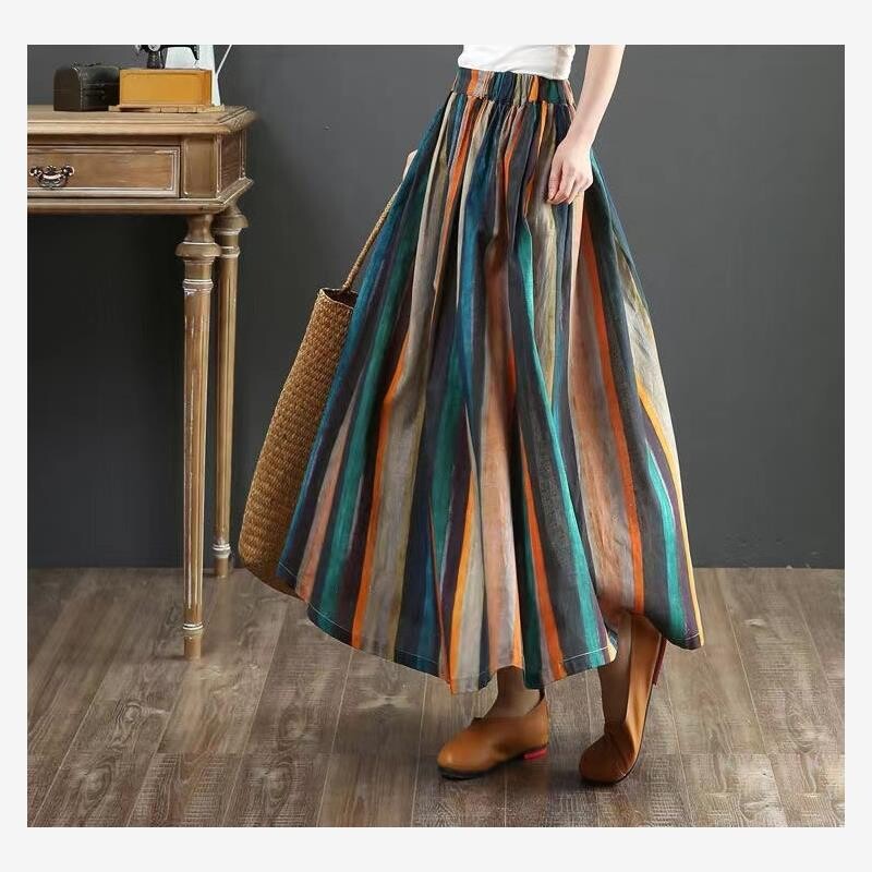 跨境新款棉麻百搭A字裙宽