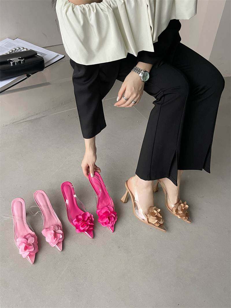 外贸秋季新款中跟女鞋透明花朵装饰高跟凉鞋Lazada Women Sandals