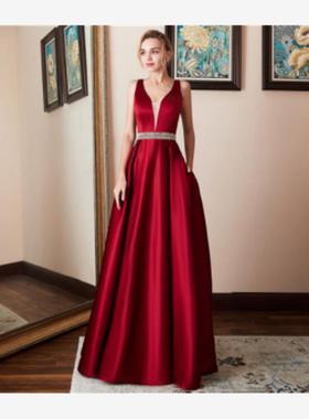 Women red party dress Lady Long-sleeved Evening Gown红色礼服