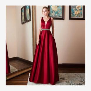 Women red party dress Lady Long-sleeved Evening Gown红色礼服