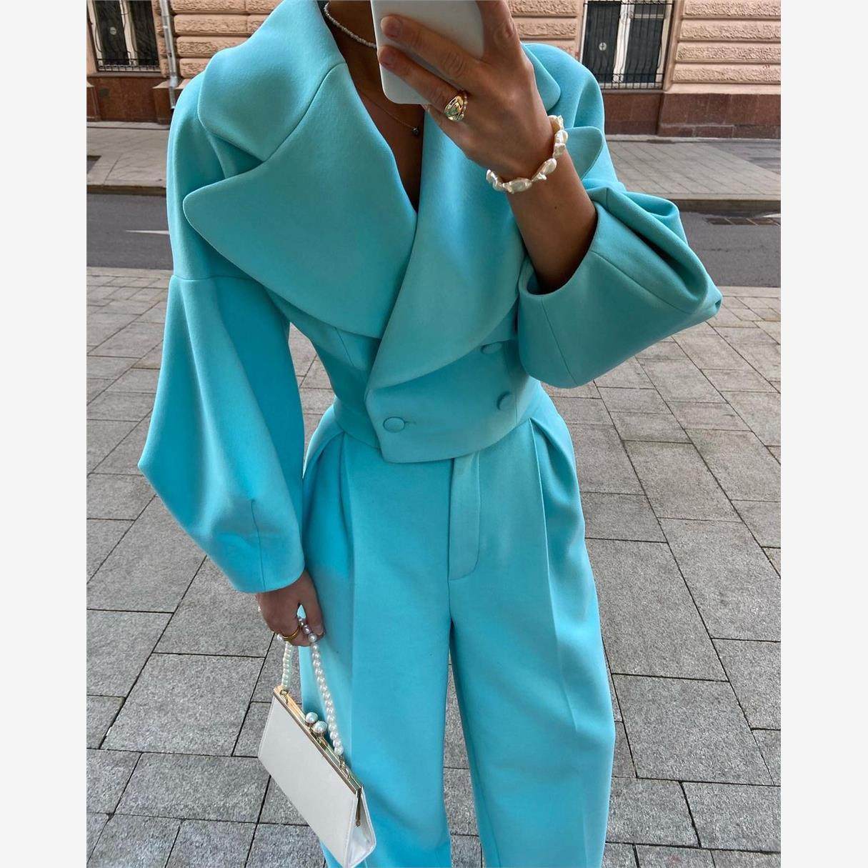 法式西装灯笼袖直筒拖地裤子套装气质名媛高端收腰女Casual suit
