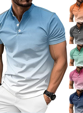 2024男装立领渐变休闲短袖亨利衫Men short sleeved stand collar