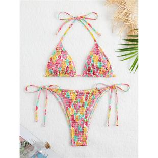 褶皱印花三点式 bikini 比基尼系带挂脖三角包分体泳衣欧美网红泳装