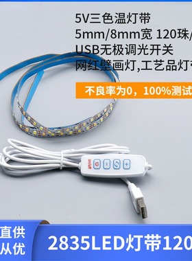 5v灯光画壁画相框灯带三色温5mm8mm宽120灯4键usb无极调光led灯带