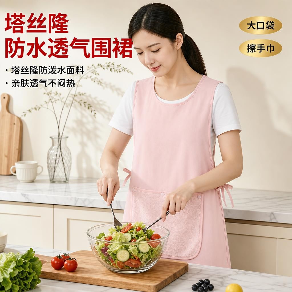 夏季防水透气围裙时尚家用厨房做饭防油防污可擦手大口袋围腰