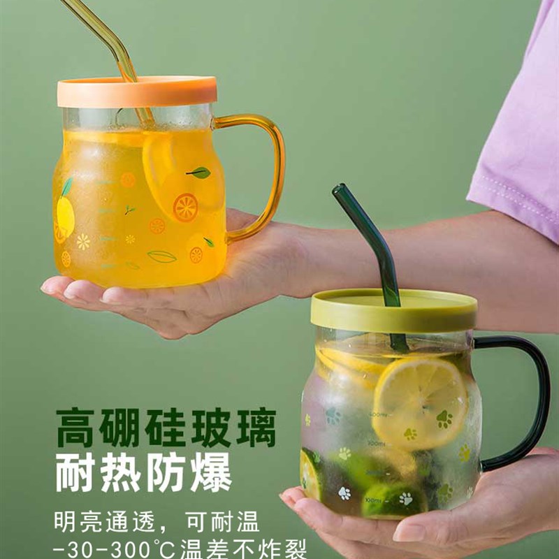 玻璃杯耐高温水杯新款2023带盖吸管女生家用高颜值办公室奶茶杯子