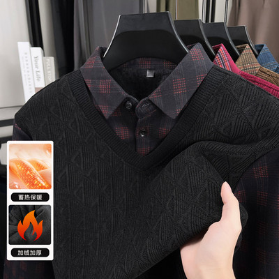 2025新款上衣加绒加厚假两件衬衫领针织衫男冬季保暖毛衣爸爸装