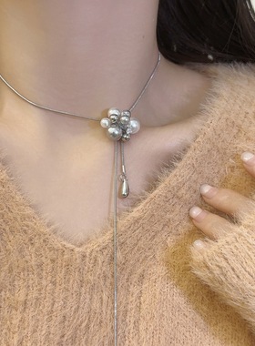 慵懒感长款抽拉式珍珠锆石毛衣链