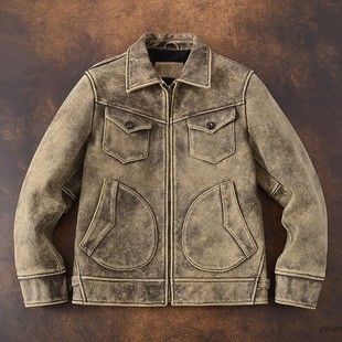 美式复古门多萨农场主重水洗做旧皮衣男头层牛皮机车夹克真皮外套