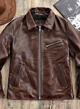 复古做旧1930男士头层牛皮皮夹克翻领短款外套真皮皮衣春秋冬机车