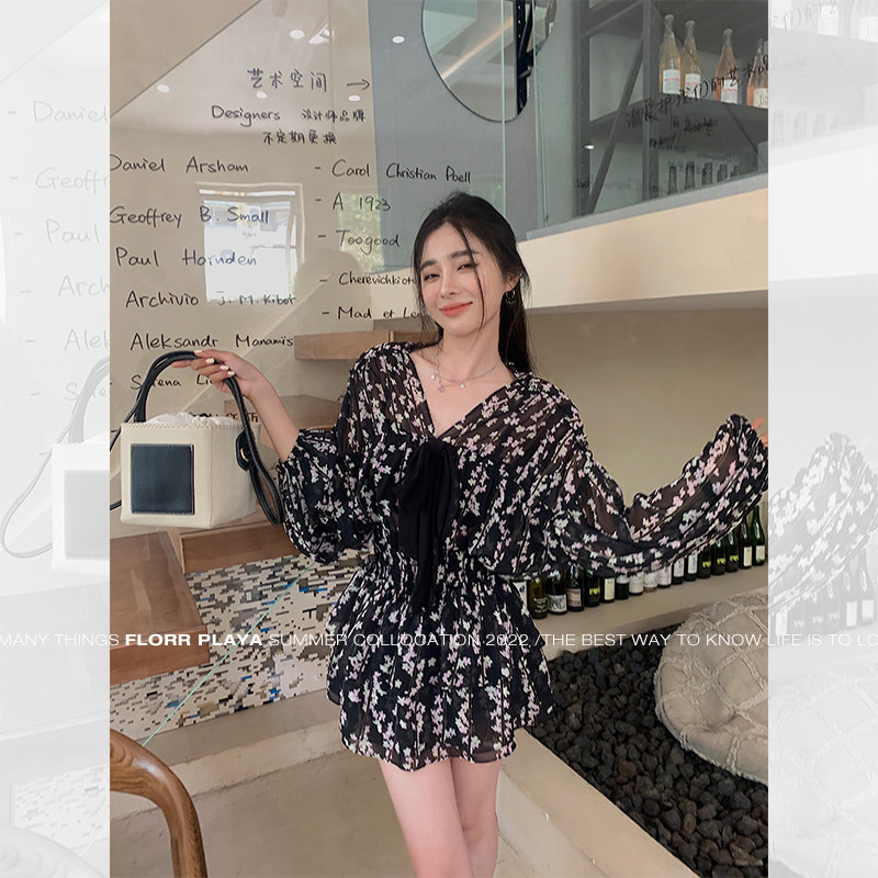 花花媛florr playa 法味甜风brioche系带雪纺套装 轻薄灯笼袖上衣