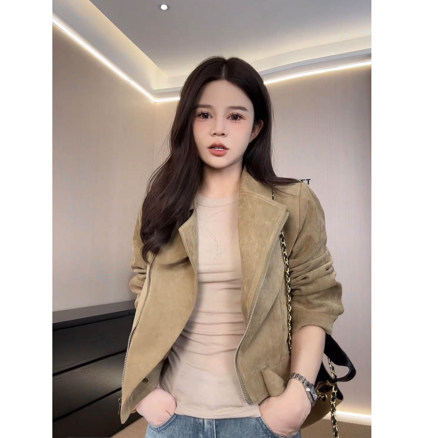 短款麂皮绒外套女翻领休闲百搭